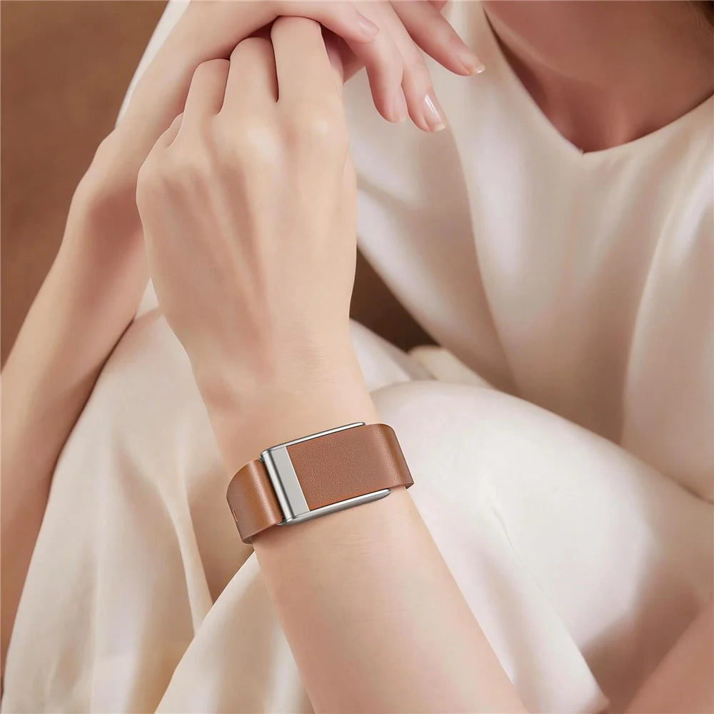 For WHOOP 5.0 Leather Band Stainless Steel Buckle Replacement Watch Strap - Brown / Titanium - 4