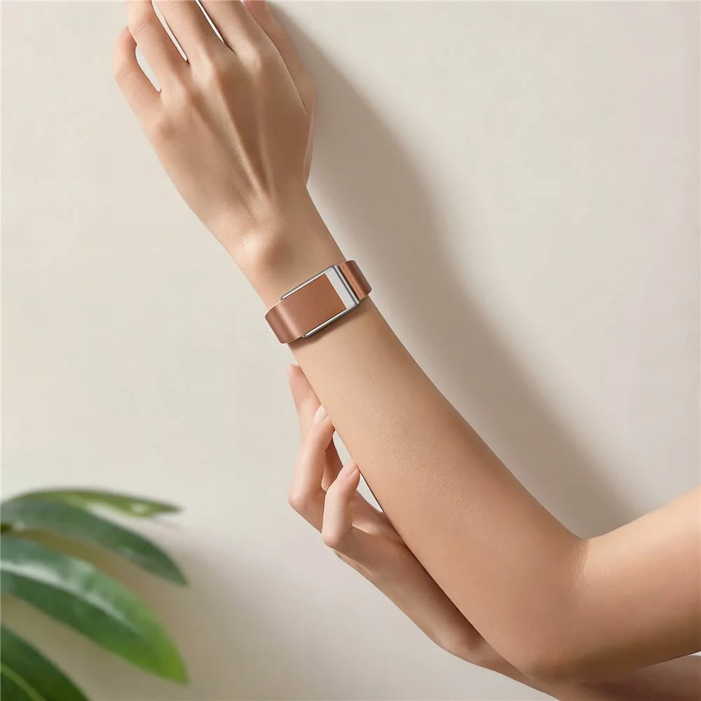For WHOOP 5.0 Leather Band Stainless Steel Buckle Replacement Watch Strap - Brown / Titanium - 5