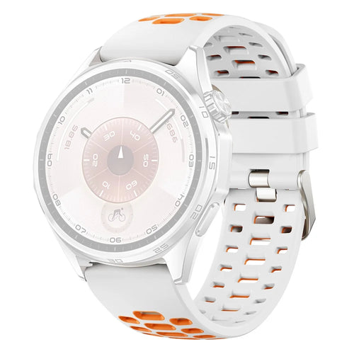 Dual Color Silicone Band for Huawei Watch GT Runner 2 / Watch Ultimate 2 / Watch GT 6 46mm 22mm Breathable Holes Sport Watch Strap - White / Orange - 1