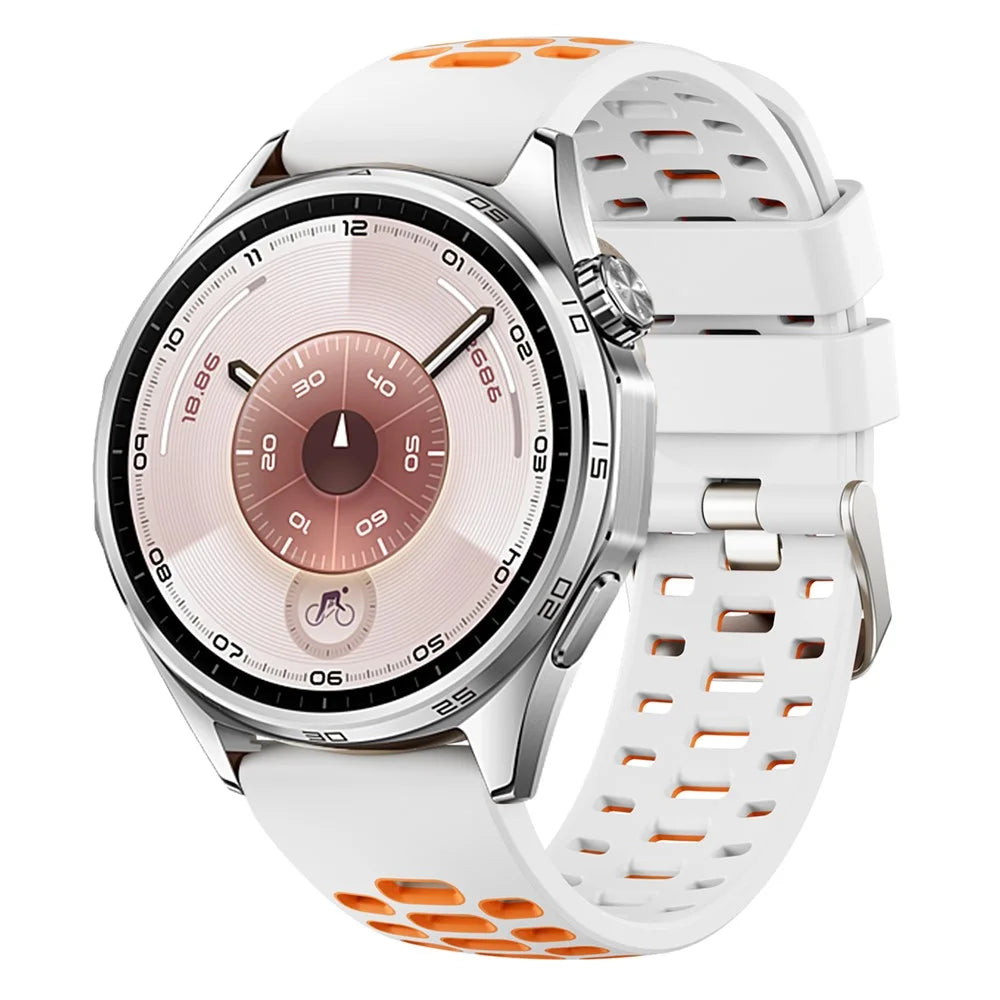 Dual Color Silicone Band for Huawei Watch GT Runner 2 / Watch Ultimate 2 / Watch GT 6 46mm 22mm Breathable Holes Sport Watch Strap - White / Orange - 2