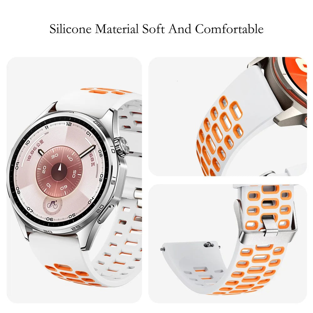 Dual Color Silicone Band for Huawei Watch GT Runner 2 / Watch Ultimate 2 / Watch GT 6 46mm 22mm Breathable Holes Sport Watch Strap - White / Orange - 4