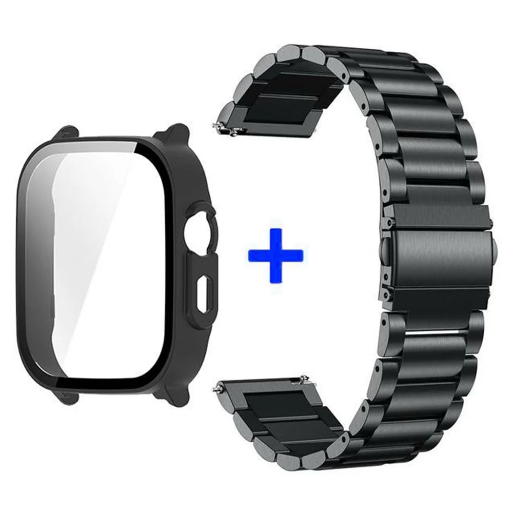For Realme Watch 5 3-Bead Stainless Steel Band + PC Watch Case with Tempered Glass Screen Protector - Black - 1