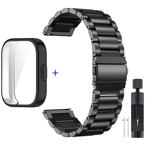 For Huami Amazfit Bip 5 Unity A2324 3-Bead Stainless Steel Strap with TPU Full Cover Watch Case and Removal Tool - Black - 1