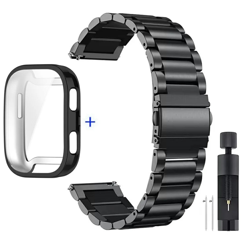 For Huami Amazfit Bip 6 A2435 3-Bead Stainless Steel Strap with TPU Full Cover Watch Case and Removal Tool - Black - 1