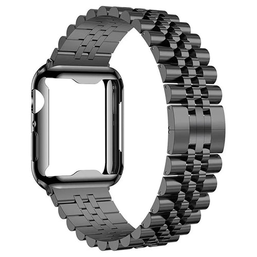 For Apple Watch Series 11 46mm  /  Series 10 46mm 7-Bead Stainless Steel Butterfly Clasp Strap with  TPU Full Cover Watch Case - Black - 1