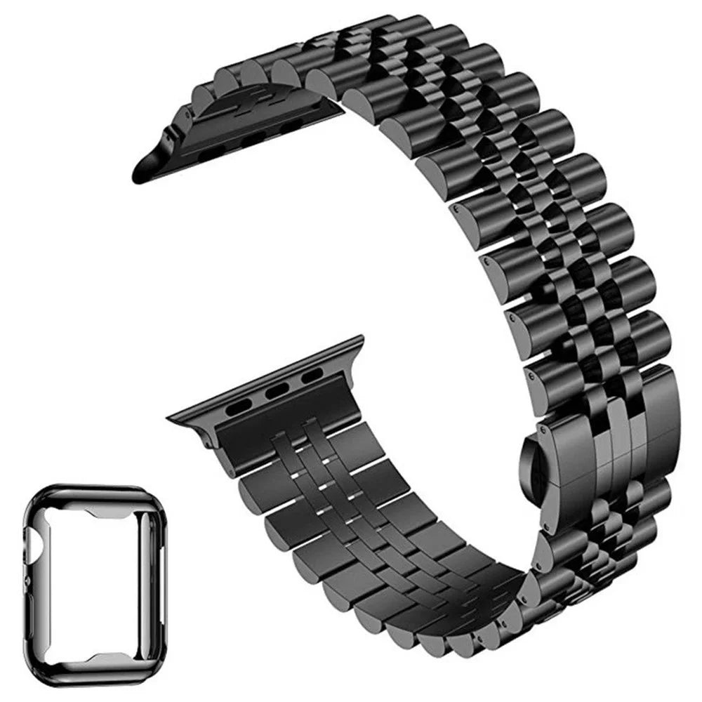 For Apple Watch Series 11 46mm  /  Series 10 46mm 7-Bead Stainless Steel Butterfly Clasp Strap with  TPU Full Cover Watch Case - Black - 3