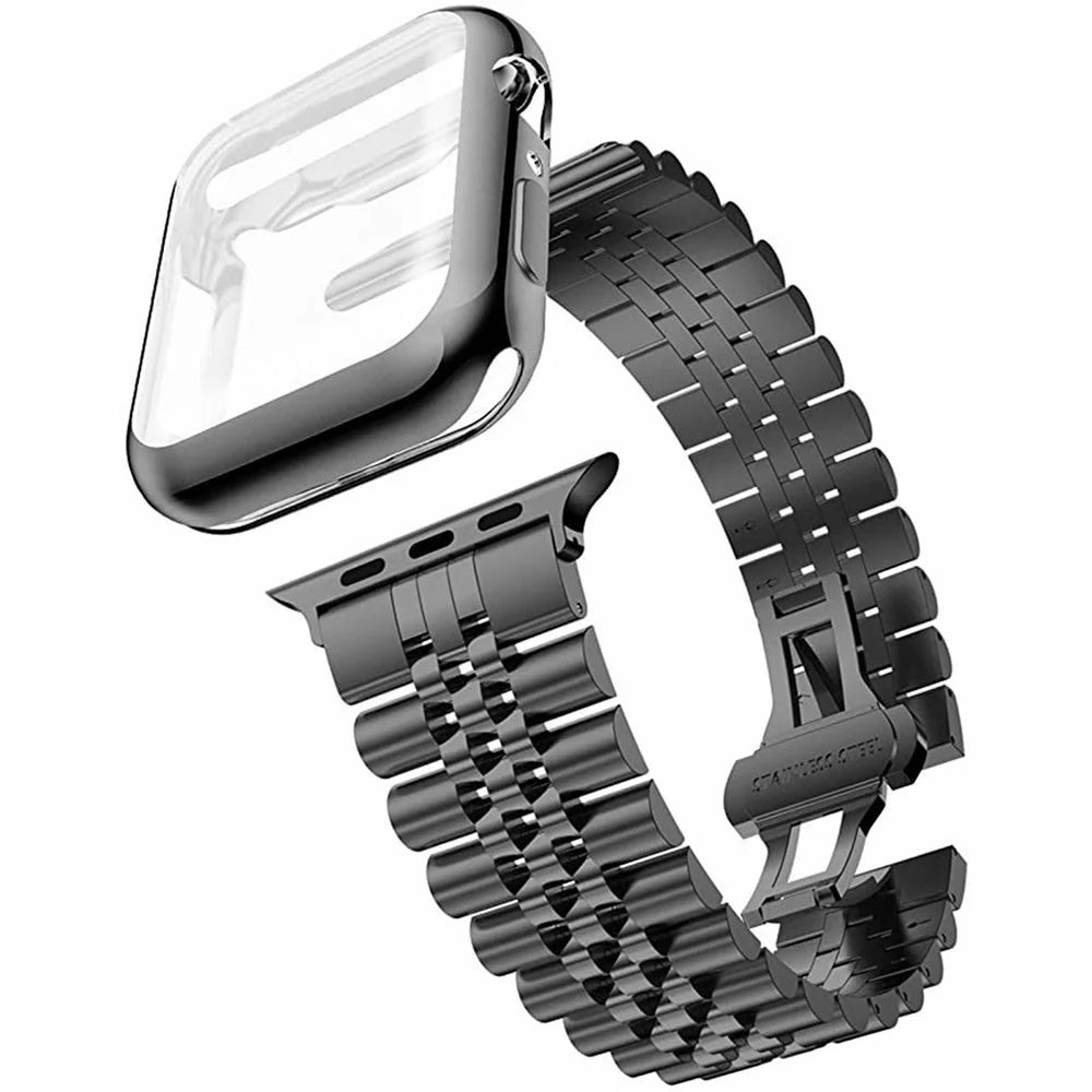 Watchband for Apple Watch Ultra 3 49mm / Ultra 2 49mm / ltra 49mm 7-Bead Stainless Steel Butterfly Clasp Strap with  TPU Full Cover Watch Case - Black - 2