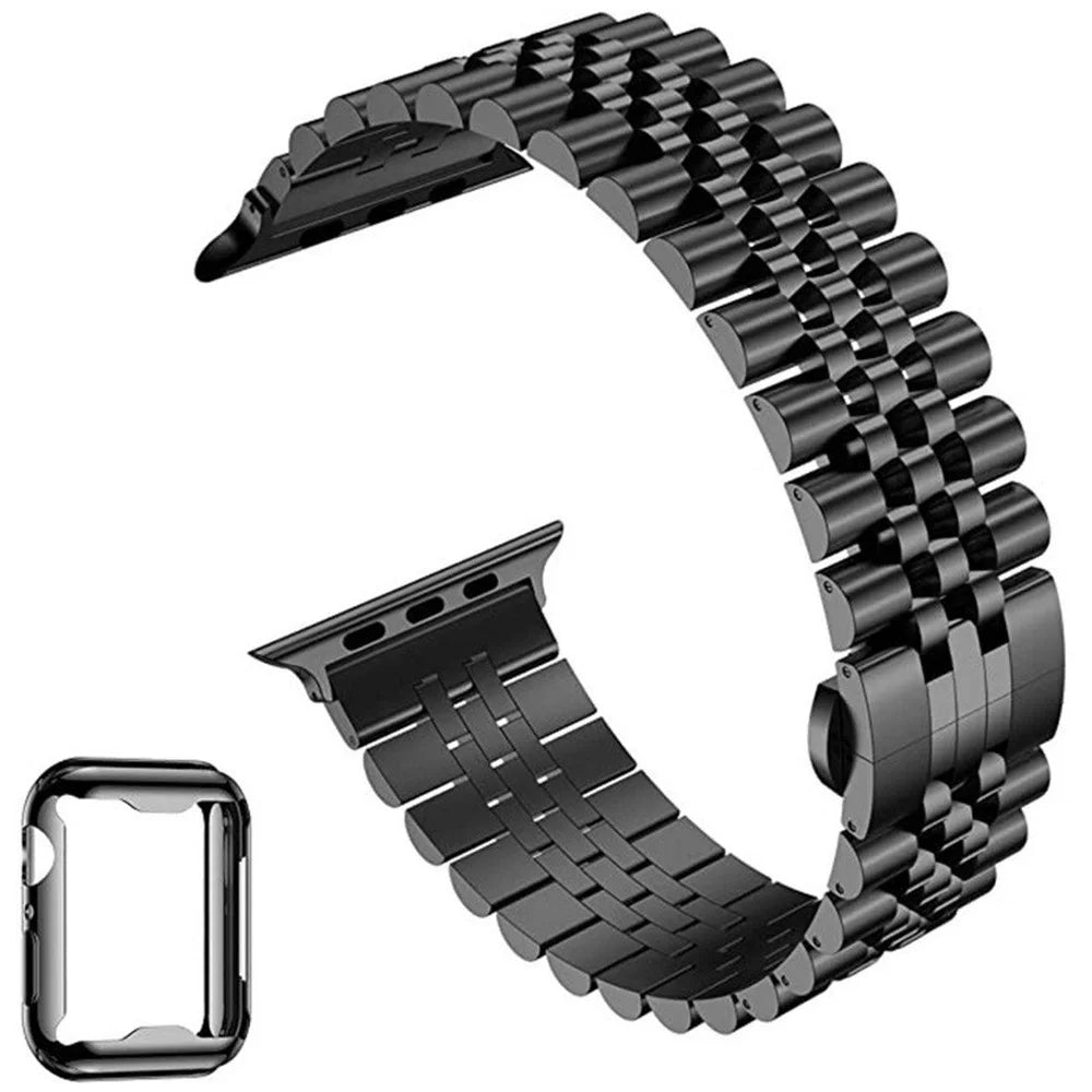 Watchband for Apple Watch Ultra 3 49mm / Ultra 2 49mm / ltra 49mm 7-Bead Stainless Steel Butterfly Clasp Strap with  TPU Full Cover Watch Case - Black - 3