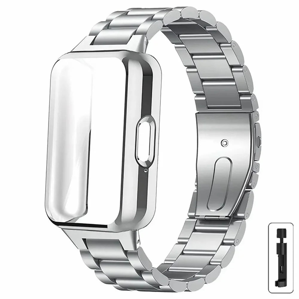 For Samsung Galaxy Fit3 3-Bead Stainless Steel Strap with TPU Full Cover Watch Case and Removal Tool - Silver - Silver - 1