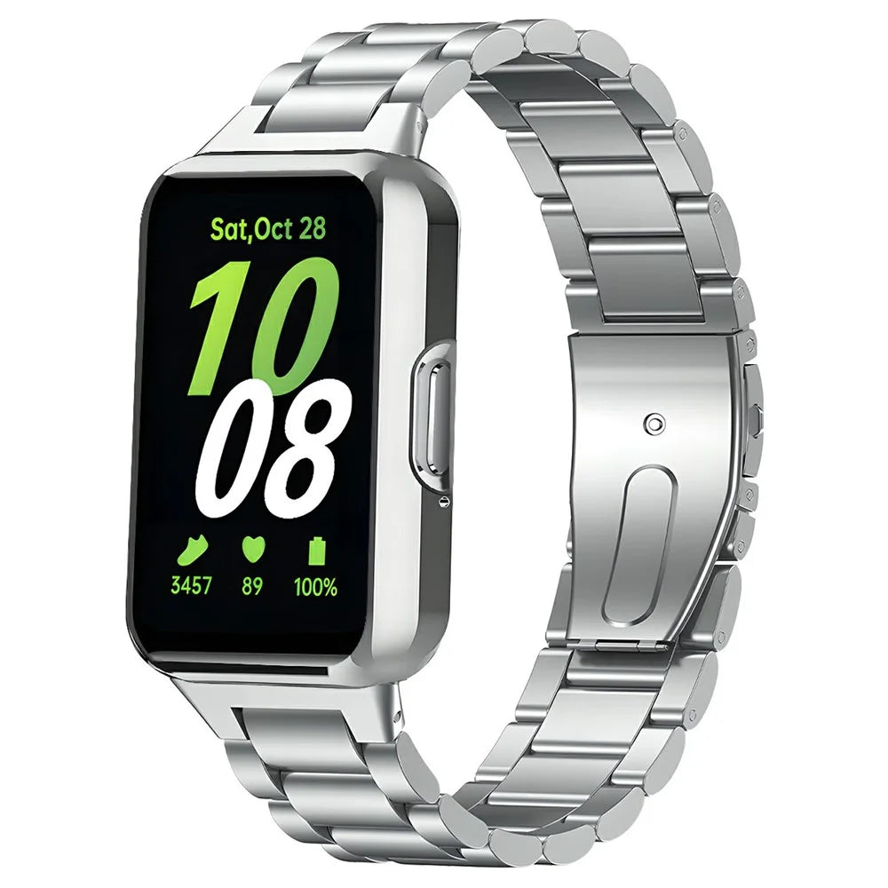 For Samsung Galaxy Fit3 3-Bead Stainless Steel Strap with TPU Full Cover Watch Case and Removal Tool - Silver - Silver - 2
