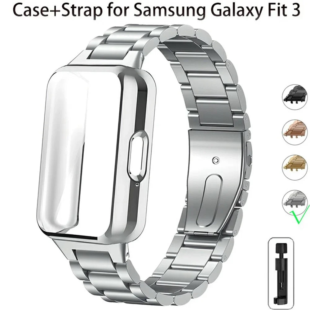 For Samsung Galaxy Fit3 3-Bead Stainless Steel Strap with TPU Full Cover Watch Case and Removal Tool - Silver - Silver - 3