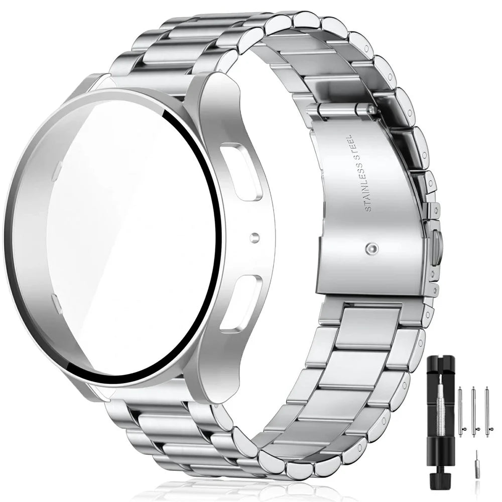 For Samsung Galaxy Watch7 40mm 3-Bead Stainless Steel Band + Full Cover PC Watch Case with Removal Tool - Silver - 1