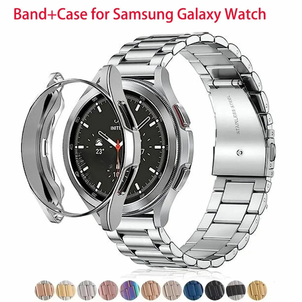 For Samsung Galaxy Watch7 40mm 3-Bead Stainless Steel Band + Full Cover PC Watch Case with Removal Tool - Silver - 2