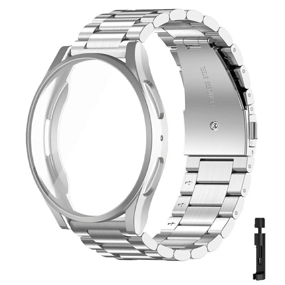 For Samsung Galaxy Watch7 44mm 3-Bead Stainless Steel Strap with TPU Full Cover Watch Case and Removal Tool - Silver - 1