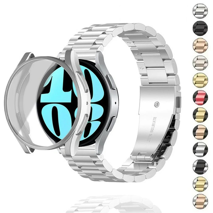 For Samsung Galaxy Watch7 44mm 3-Bead Stainless Steel Strap with TPU Full Cover Watch Case and Removal Tool - Silver - 2