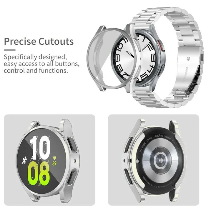 For Samsung Galaxy Watch7 44mm 3-Bead Stainless Steel Strap with TPU Full Cover Watch Case and Removal Tool - Silver - 4