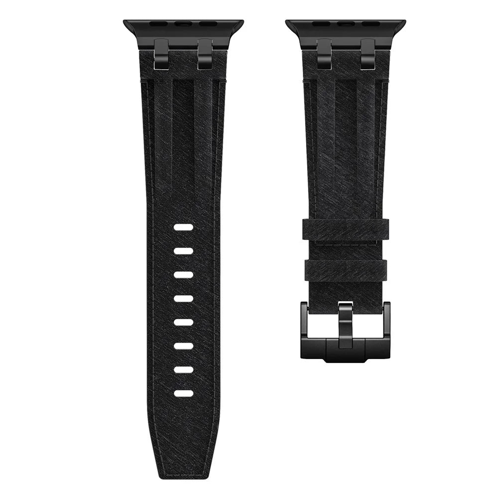 Strap for Apple Watch Ultra 3 2 1 49mm  /  Series 11 10 46mm  /  9 8 7 45mm  /  SE3 SE2 SE 6 5 4 44mm  /  3 2 1 42mm Denim + Leather Band with Stitching Lines - Black+Black Lines+Black Buckle - 3