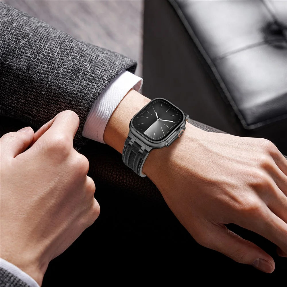 Strap for Apple Watch Ultra 3 2 1 49mm  /  Series 11 10 46mm  /  9 8 7 45mm  /  SE3 SE2 SE 6 5 4 44mm  /  3 2 1 42mm Denim + Leather Band with Stitching Lines - Black+Black Lines+Black Buckle - 5