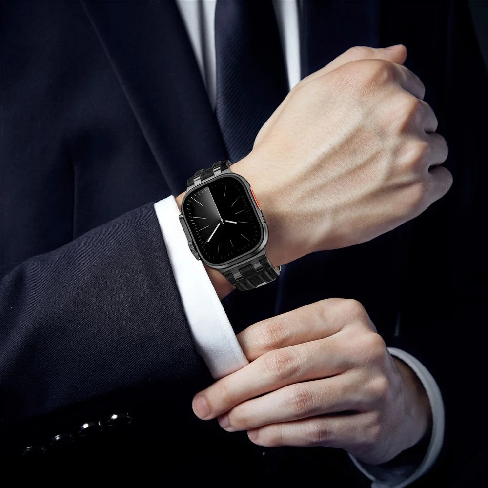 Strap for Apple Watch Ultra 3 2 1 49mm  /  Series 11 10 46mm  /  9 8 7 45mm  /  SE3 SE2 SE 6 5 4 44mm  /  3 2 1 42mm Denim + Leather Band with Stitching Lines - Black+Black Lines+Black Buckle - 6