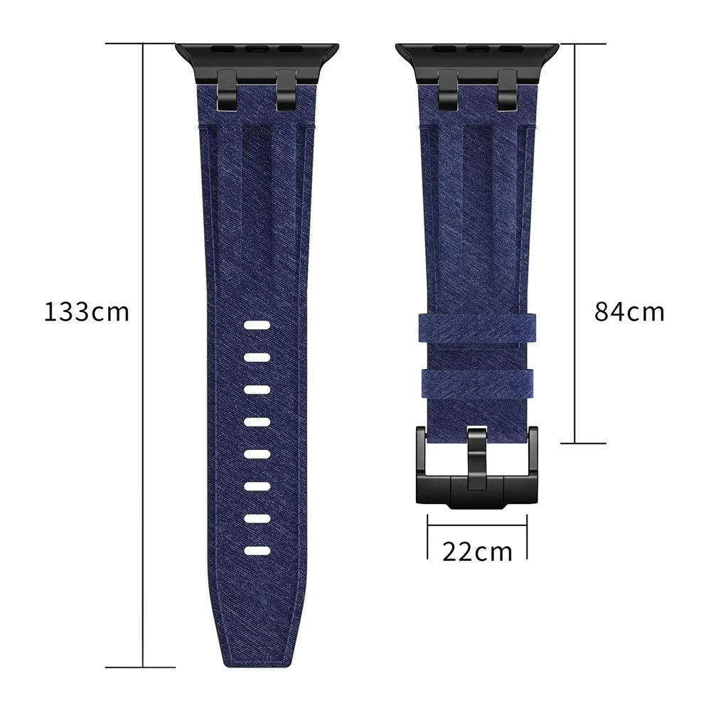 Strap for Apple Watch Ultra 3 2 1 49mm  /  Series 11 10 46mm  /  9 8 7 45mm  /  SE3 SE2 SE 6 5 4 44mm  /  3 2 1 42mm Denim + Leather Band with Stitching Lines - Black+Black Lines+Black Buckle - 7
