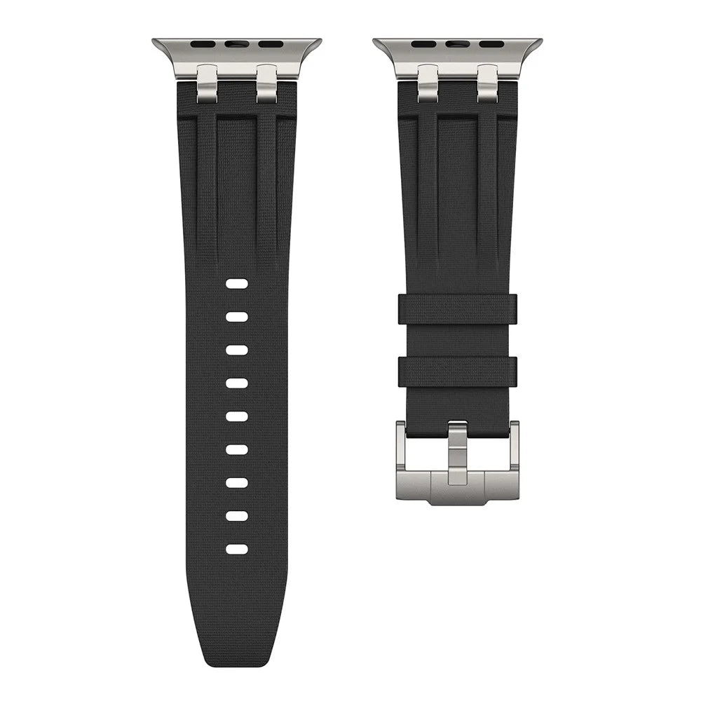 FKM Fluoroelastomer Strap with Silver Connector for Apple Watch Ultra 3 2 1 49mm / Series 11 10 46mm / 9 8 7 45mm / SE3 SE2 SE 6 5 4 44mm / 3 2 1 42mm Woven Texture Watch Band - Black / Silver Buckle - 3