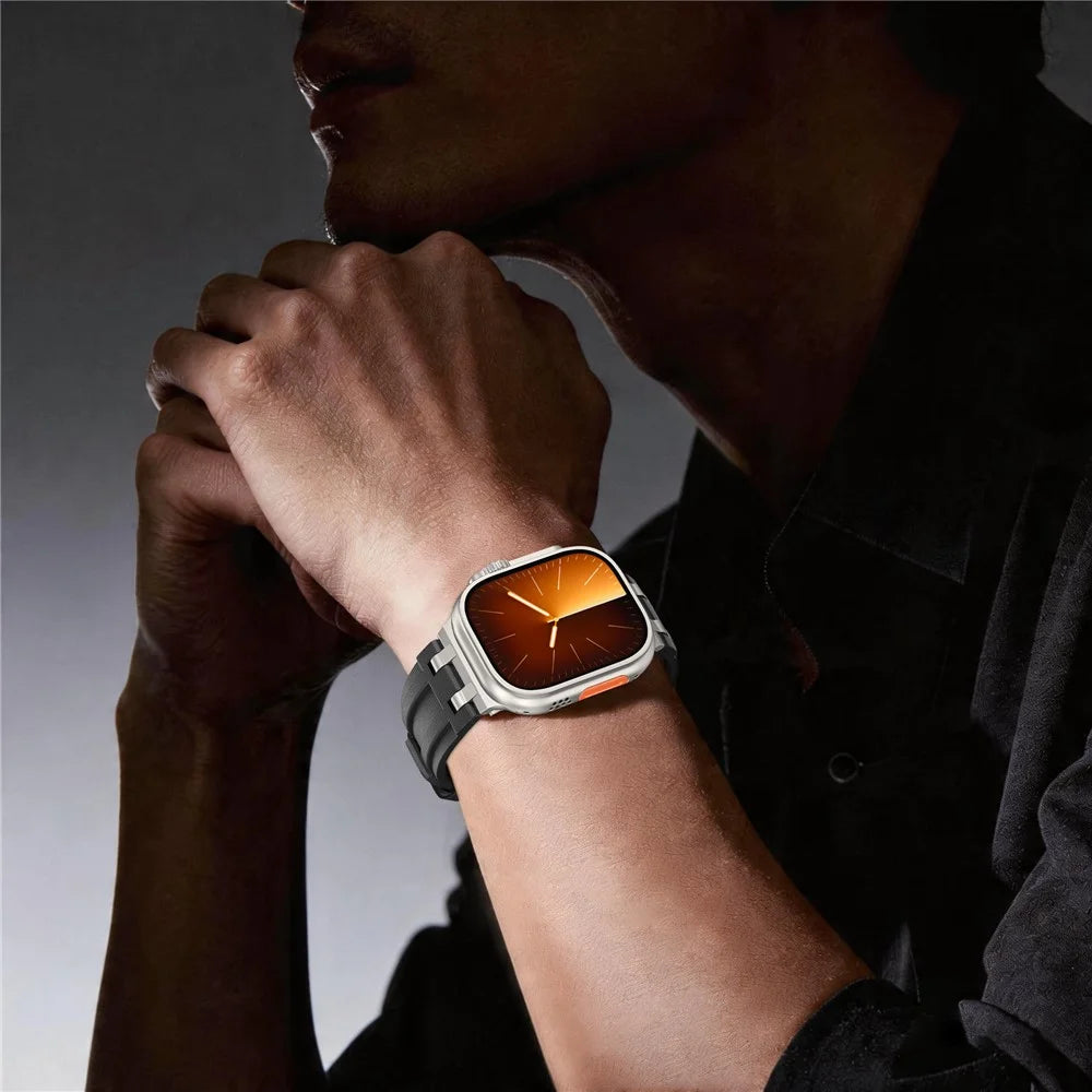 FKM Fluoroelastomer Strap with Silver Connector for Apple Watch Ultra 3 2 1 49mm / Series 11 10 46mm / 9 8 7 45mm / SE3 SE2 SE 6 5 4 44mm / 3 2 1 42mm Woven Texture Watch Band - Black / Silver Buckle - 4