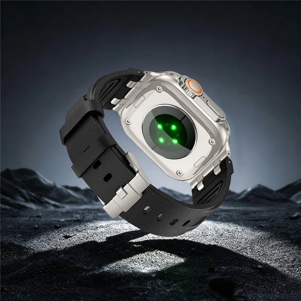 FKM Fluoroelastomer Strap with Silver Connector for Apple Watch Ultra 3 2 1 49mm / Series 11 10 46mm / 9 8 7 45mm / SE3 SE2 SE 6 5 4 44mm / 3 2 1 42mm Woven Texture Watch Band - Black / Silver Buckle - 5