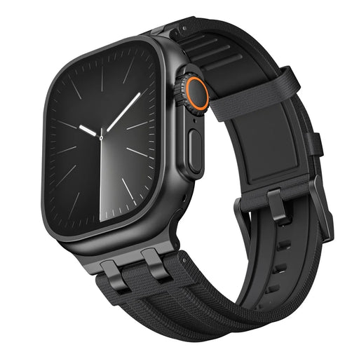 FKM Fluoroelastomer Strap with Black Connector for Apple Watch Ultra 3 2 1 49mm / Series 11 10 46mm / 9 8 7 45mm / SE3 SE2 SE 6 5 4 44mm / 3 2 1 42mm Woven Texture Watch Band - Black / Black Buckle - 2