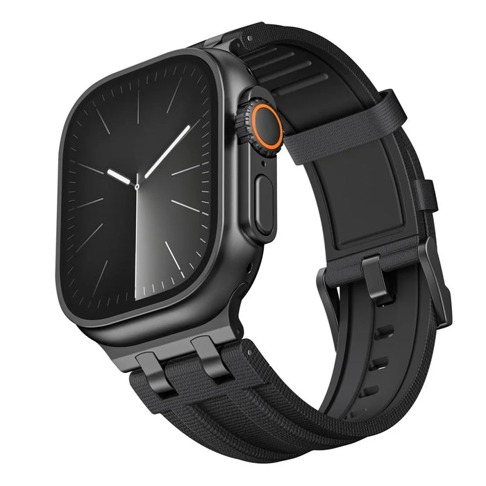 FKM Fluoroelastomer Strap with Black Connector for Apple Watch Ultra 3 2 1 49mm / Series 11 10 46mm / 9 8 7 45mm / SE3 SE2 SE 6 5 4 44mm / 3 2 1 42mm Woven Texture Watch Band - Black / Black Buckle - 2