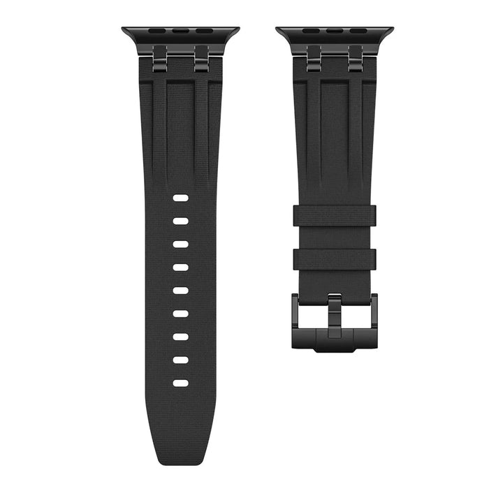 FKM Fluoroelastomer Strap with Black Connector for Apple Watch Ultra 3 2 1 49mm / Series 11 10 46mm / 9 8 7 45mm / SE3 SE2 SE 6 5 4 44mm / 3 2 1 42mm Woven Texture Watch Band - Black / Black Buckle - 3