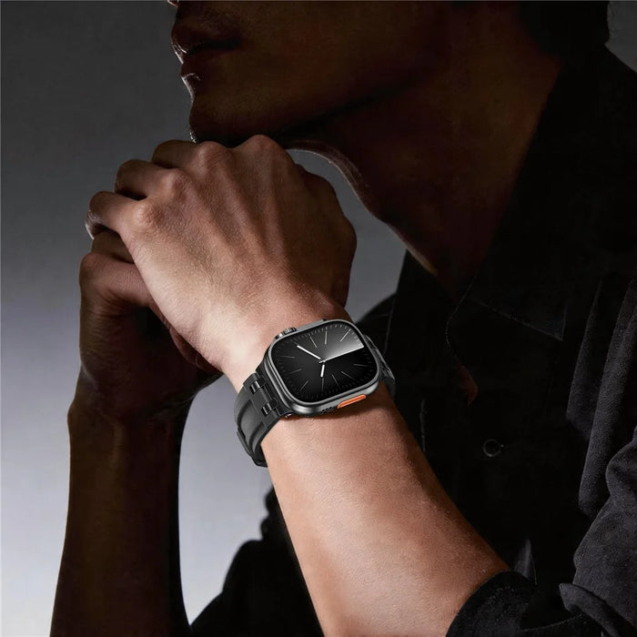 FKM Fluoroelastomer Strap with Black Connector for Apple Watch Ultra 3 2 1 49mm / Series 11 10 46mm / 9 8 7 45mm / SE3 SE2 SE 6 5 4 44mm / 3 2 1 42mm Woven Texture Watch Band - Black / Black Buckle - 4