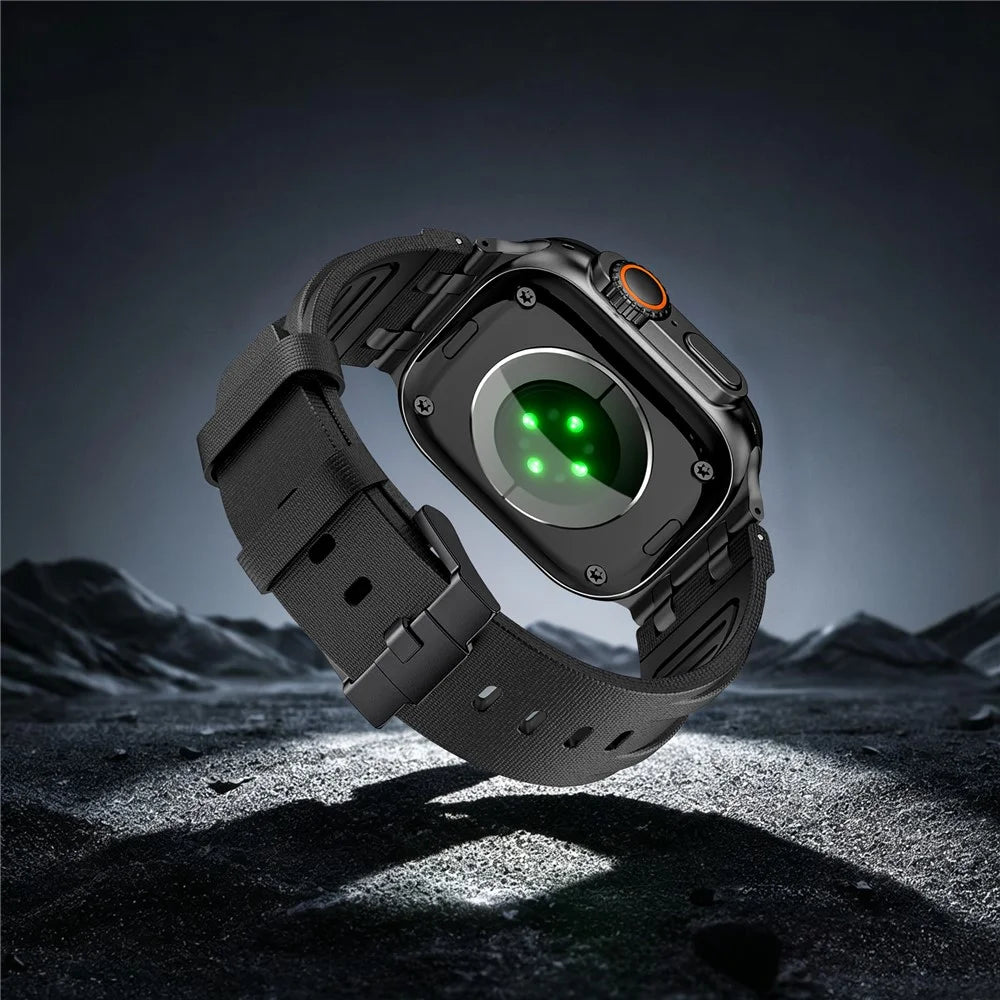 FKM Fluoroelastomer Strap with Black Connector for Apple Watch Ultra 3 2 1 49mm / Series 11 10 46mm / 9 8 7 45mm / SE3 SE2 SE 6 5 4 44mm / 3 2 1 42mm Woven Texture Watch Band - Black / Black Buckle - 5