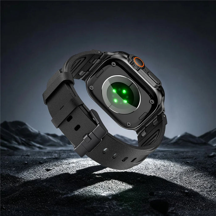 FKM Fluoroelastomer Strap with Black Connector for Apple Watch Ultra 3 2 1 49mm / Series 11 10 46mm / 9 8 7 45mm / SE3 SE2 SE 6 5 4 44mm / 3 2 1 42mm Woven Texture Watch Band - Black / Black Buckle - 5
