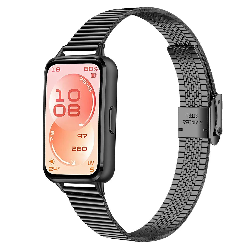 Electroplated Stainless Steel Watch Strap for Huawei Band 11 Pro NFC / 11 NFC / 11 Pro / 11 Wrist Band Replacement with Double Buckles - Black - 2