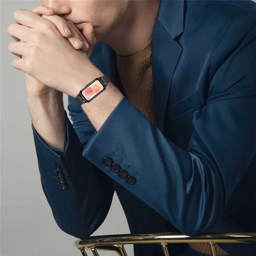 Electroplated Stainless Steel Watch Strap for Huawei Band 11 Pro NFC / 11 NFC / 11 Pro / 11 Wrist Band Replacement with Double Buckles - Black - 4