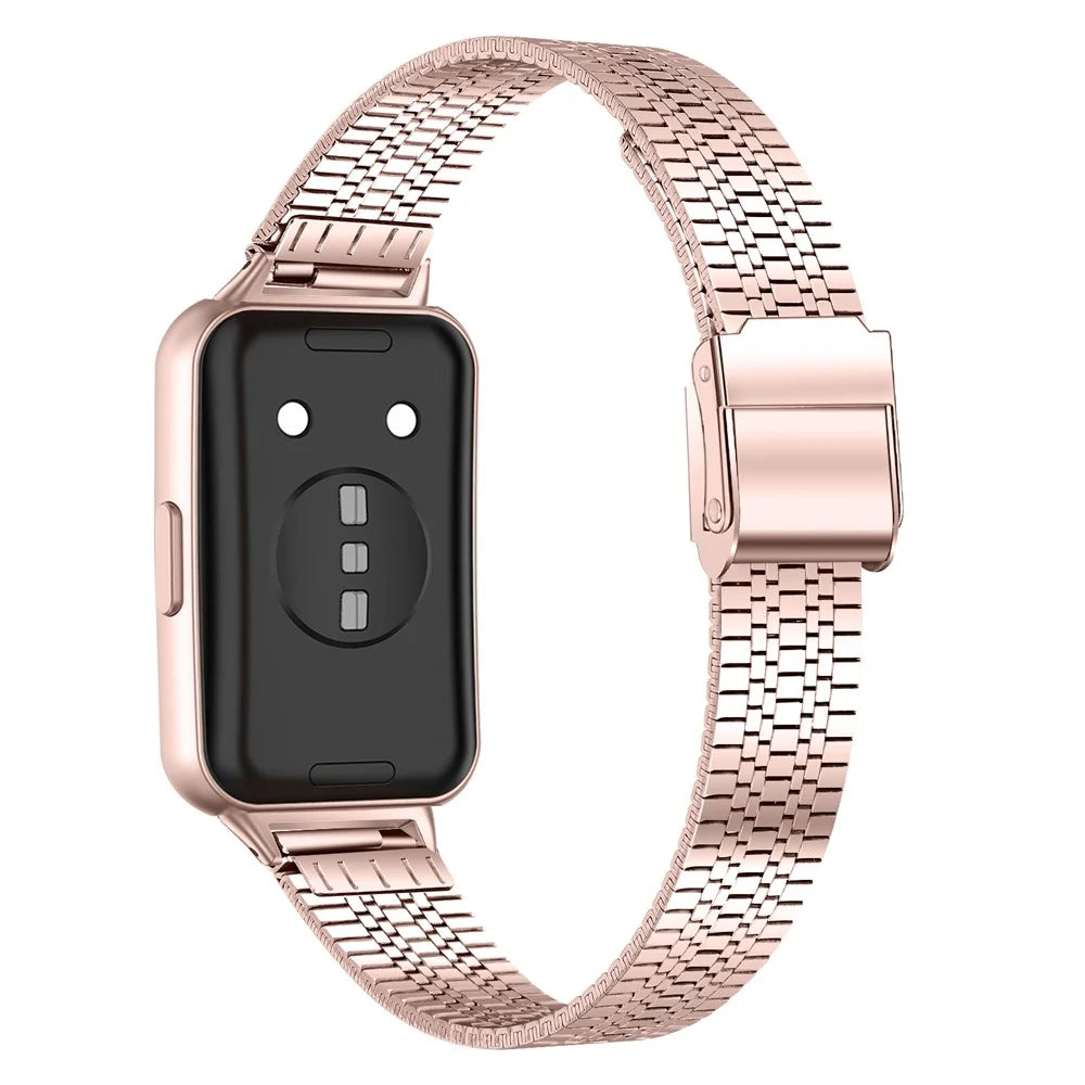 Electroplated Watchband for Huawei Band 11 Pro NFC  /  11 NFC  /  11 Pro  /  11 Stainless Steel 5-Beads Watch Strap - Pink Gold - 1