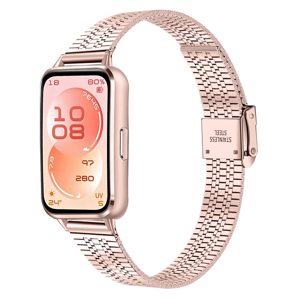Electroplated Watchband for Huawei Band 11 Pro NFC  /  11 NFC  /  11 Pro  /  11 Stainless Steel 5-Beads Watch Strap - Pink Gold - 2