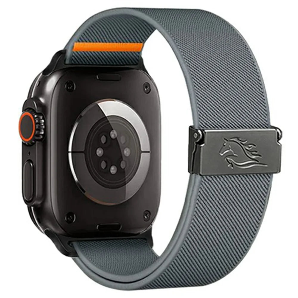 Strap for Apple Watch Series 11 10 42mm  /  9 8 7 41mm  /  SE3 SE2 SE 6 5 4 40mm  /  3 2 1 38mm Elastic Nylon Watchband with Horse Pattern Metal Buckle - Blue Grey - 1