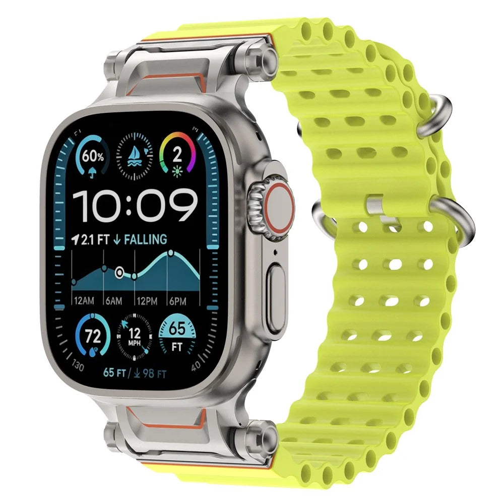 Watch Strap for Apple Watch Ultra 3 2 1 49mm  /  Series 11 10 46mm  /  9 8 7 45mm  /  SE3 SE2 SE 6 5 4 44mm  /  3 2 1 42mm Ocean Armor Sports Silicone Band - Fluorescent Yellow - 2