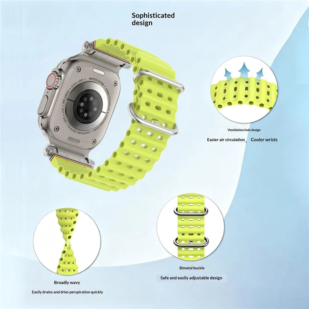 Watch Strap for Apple Watch Ultra 3 2 1 49mm  /  Series 11 10 46mm  /  9 8 7 45mm  /  SE3 SE2 SE 6 5 4 44mm  /  3 2 1 42mm Ocean Armor Sports Silicone Band - Fluorescent Yellow - 6