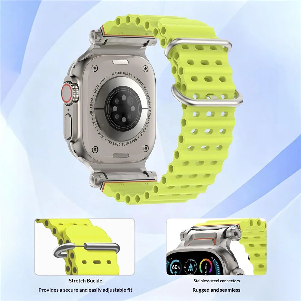 Watch Strap for Apple Watch Ultra 3 2 1 49mm  /  Series 11 10 46mm  /  9 8 7 45mm  /  SE3 SE2 SE 6 5 4 44mm  /  3 2 1 42mm Ocean Armor Sports Silicone Band - Fluorescent Yellow - 7