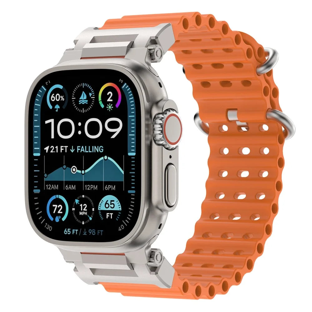 Strap for Apple Watch Ultra 3 2 1 49mm  /  Series 11 10 46mm  /  9 8 7 45mm  /  SE3 SE2 SE 6 5 4 44mm  /  3 2 1 42mm Wavy Texture Ventilation Ocean Armor Sports Silicone Band - Orange - 2