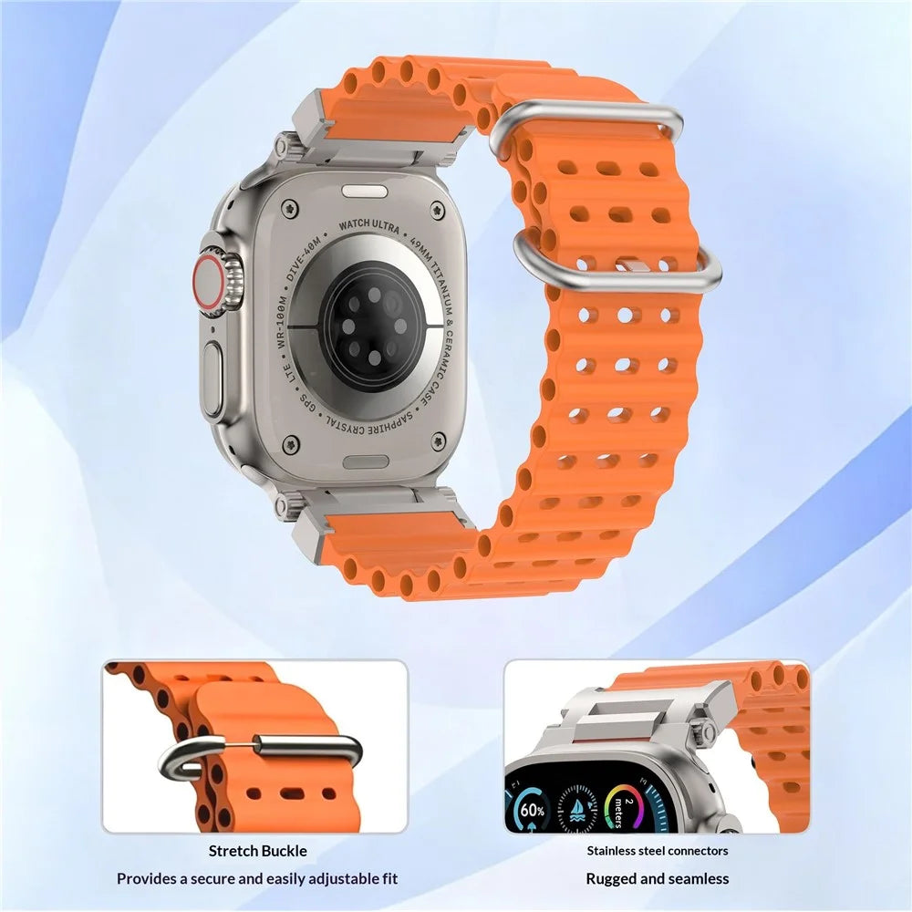 Strap for Apple Watch Ultra 3 2 1 49mm  /  Series 11 10 46mm  /  9 8 7 45mm  /  SE3 SE2 SE 6 5 4 44mm  /  3 2 1 42mm Wavy Texture Ventilation Ocean Armor Sports Silicone Band - Orange - 4