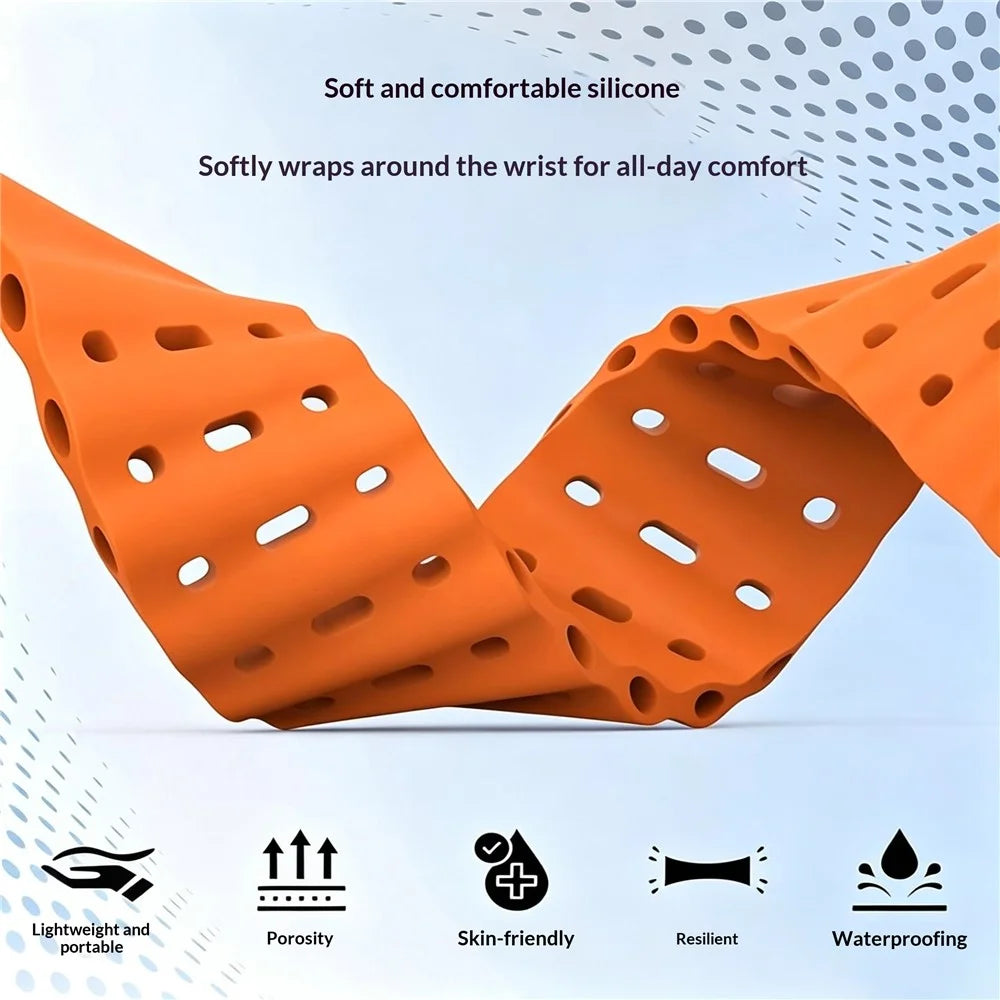 Strap for Apple Watch Ultra 3 2 1 49mm  /  Series 11 10 46mm  /  9 8 7 45mm  /  SE3 SE2 SE 6 5 4 44mm  /  3 2 1 42mm Wavy Texture Ventilation Ocean Armor Sports Silicone Band - Orange - 5