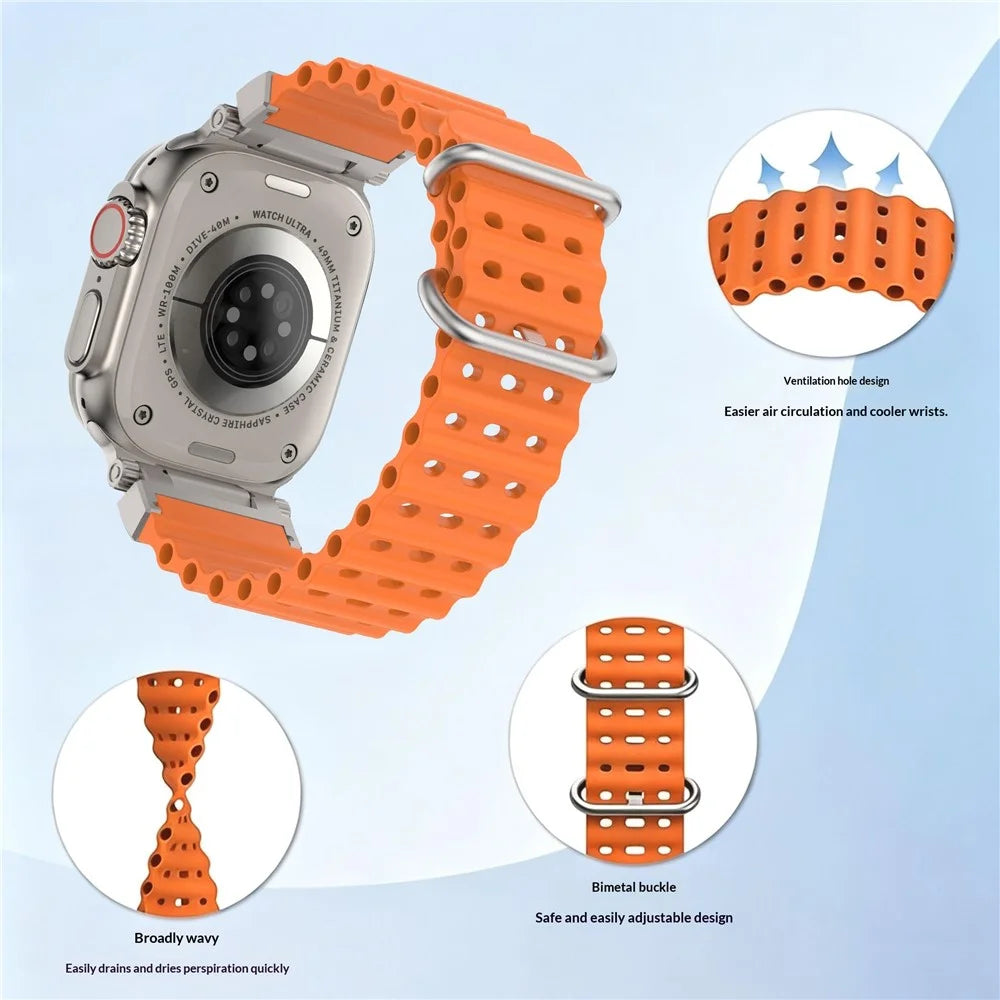 Strap for Apple Watch Ultra 3 2 1 49mm  /  Series 11 10 46mm  /  9 8 7 45mm  /  SE3 SE2 SE 6 5 4 44mm  /  3 2 1 42mm Wavy Texture Ventilation Ocean Armor Sports Silicone Band - Orange - 6