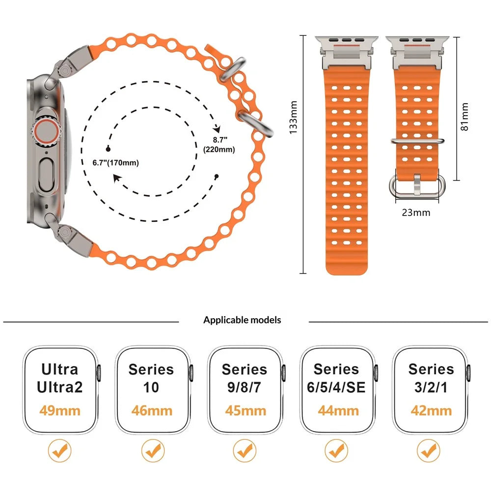 Strap for Apple Watch Ultra 3 2 1 49mm  /  Series 11 10 46mm  /  9 8 7 45mm  /  SE3 SE2 SE 6 5 4 44mm  /  3 2 1 42mm Wavy Texture Ventilation Ocean Armor Sports Silicone Band - Orange - 7
