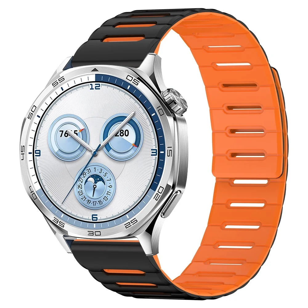 22mm Strap for Huawei Watch GT 6 46mm / GT 5 46mm / GT 5 Pro 46mm Breathable Macaron Magnetic Silicone Band - Black+Orange - 2