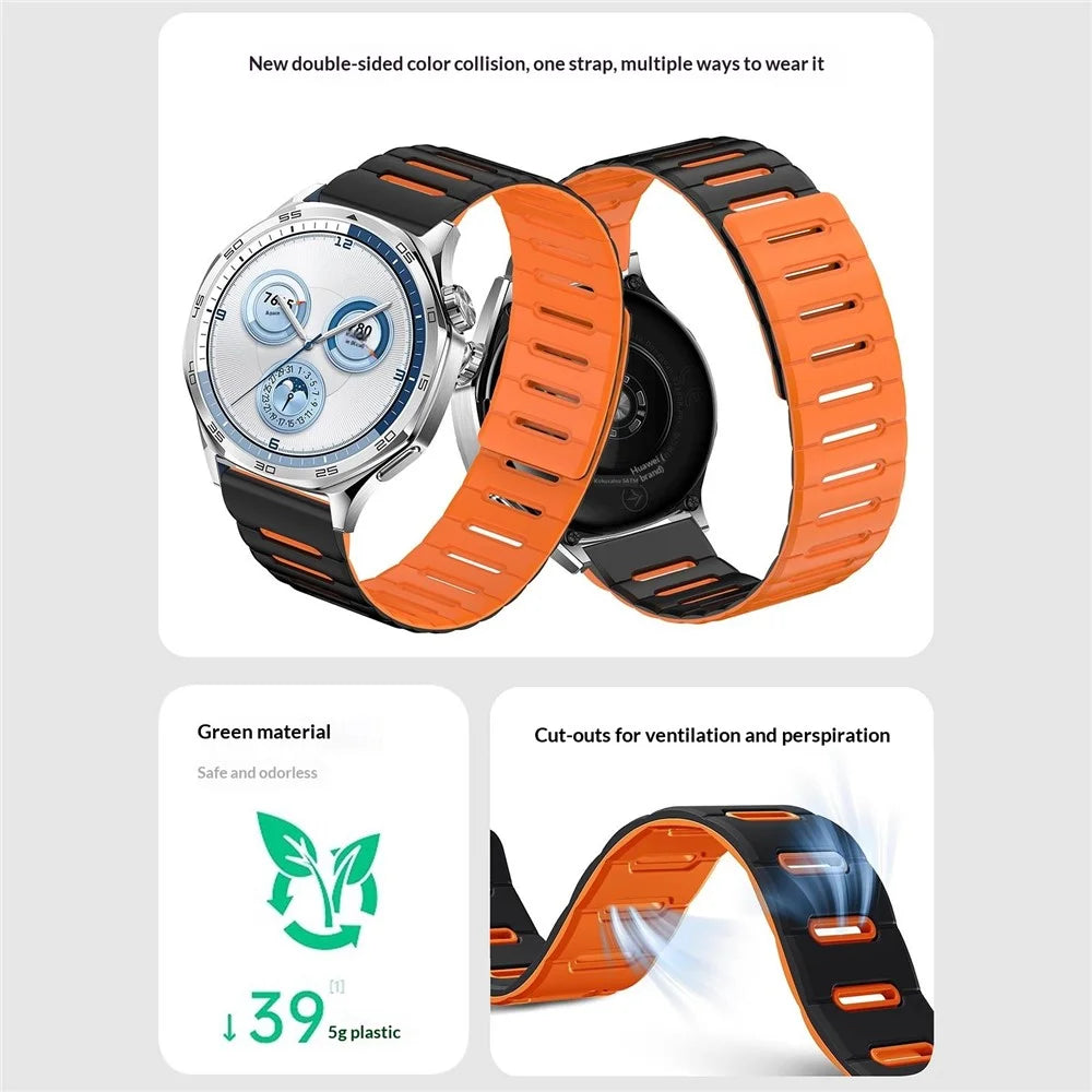 22mm Strap for Huawei Watch GT 6 46mm / GT 5 46mm / GT 5 Pro 46mm Breathable Macaron Magnetic Silicone Band - Black+Orange - 4