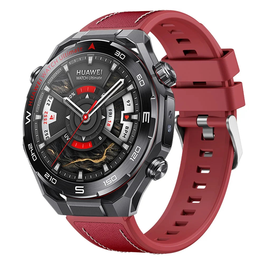 22mm Strap for Huawei Watch Ultimate 2 / GT 6 46mm / GT 5 46mm / GT 5 Pro 46mm Genuine Cow Leather + Silicone Watch Band with Quick Release Spring Bar - Red - 2