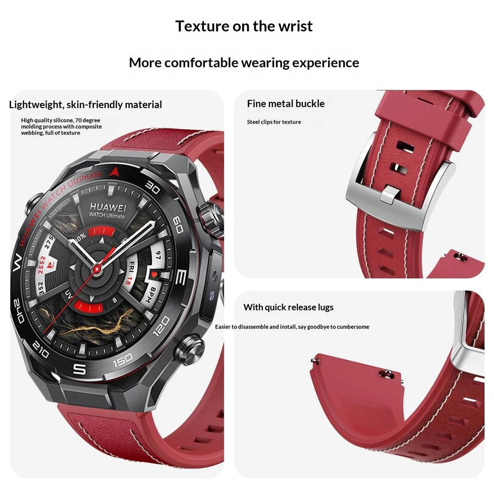 22mm Strap for Huawei Watch Ultimate 2 / GT 6 46mm / GT 5 46mm / GT 5 Pro 46mm Genuine Cow Leather + Silicone Watch Band with Quick Release Spring Bar - Red - 4
